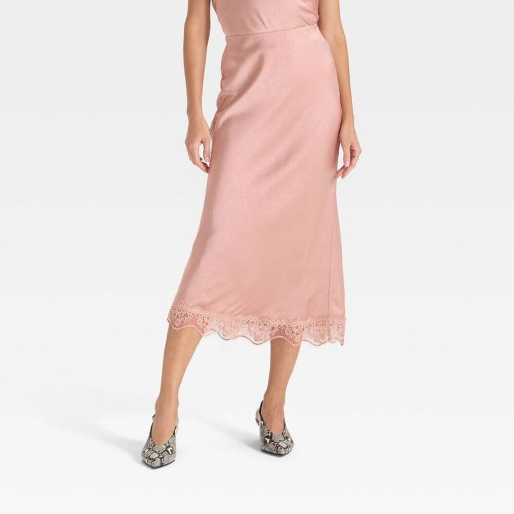 Women's Lace Trim Midi Skirt - A New Day Light Pink S